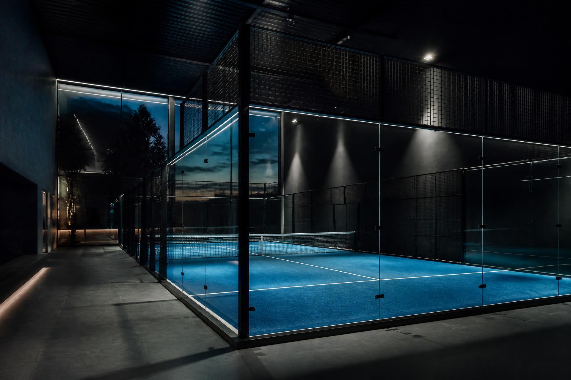 Floodlit indoor padel court with glass walls